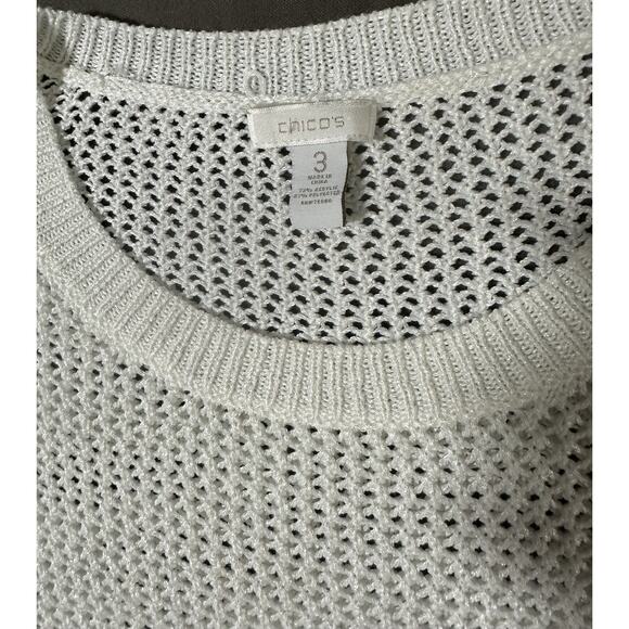 Chico’s Women’s Pullover Fishnet Sweater Knit Size 3 Beige Cuffed Short Sleeve - Picture 2 of 4
